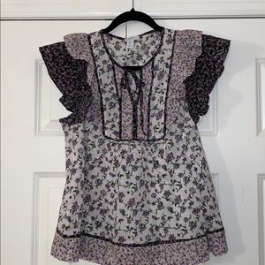 Carolina Belle Floral Babydoll Cottage Ruffle Purple Short Sleeve Top size Small